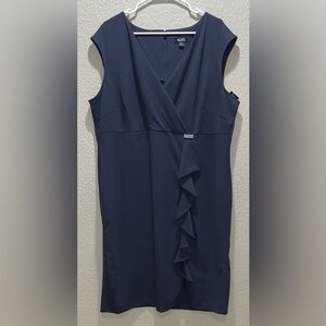 SLNY Midnight Blue Midi Dress with Ruffle Detail